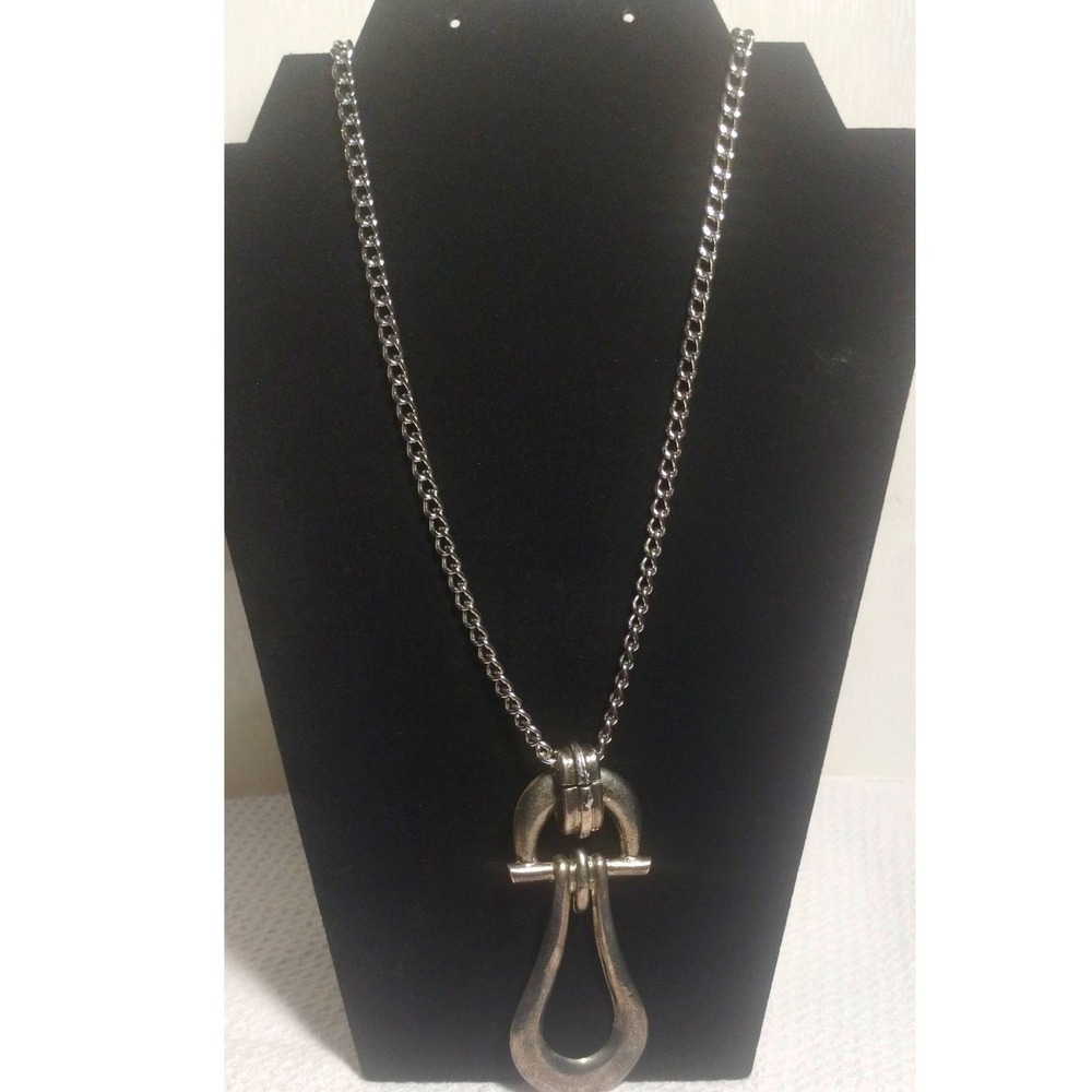 Unbranded Silver Tone Industrial Stirrup Hook Pendant Curb Chain Necklace 14.5in